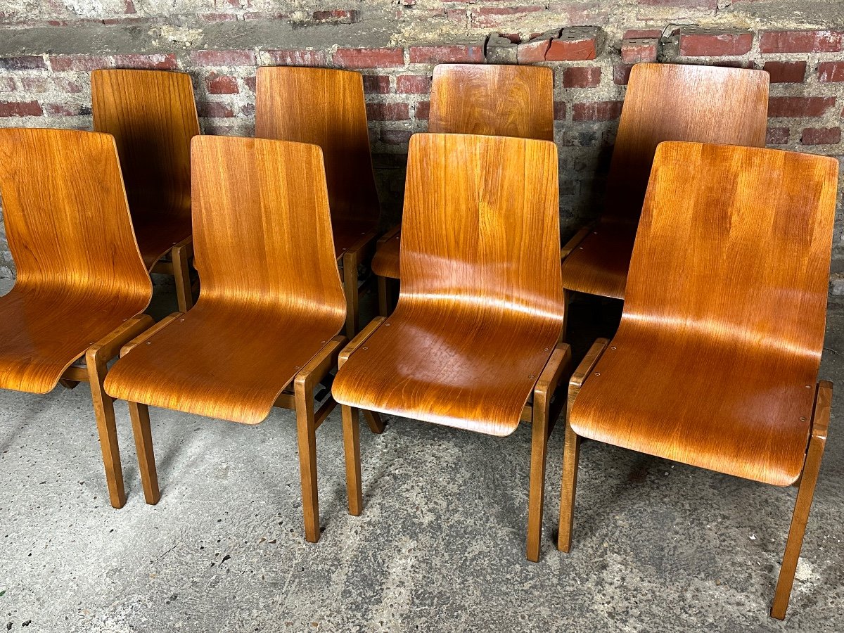 Scandinavian Chairs (set Of 8) In Thermoformed Beech 1960's