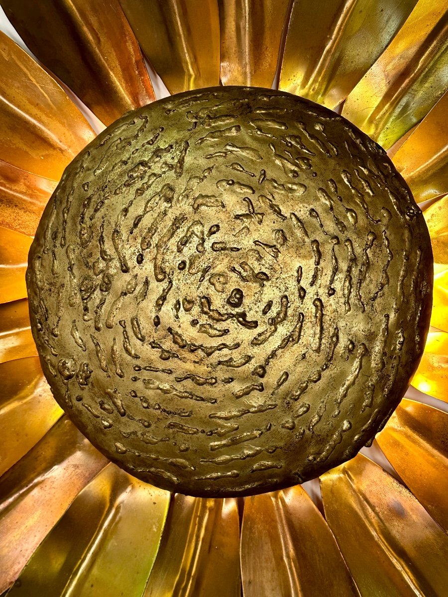 Vintage 70's Italian Sun Wall Lamp In Gilded Brass Diam 95 Cm-photo-2