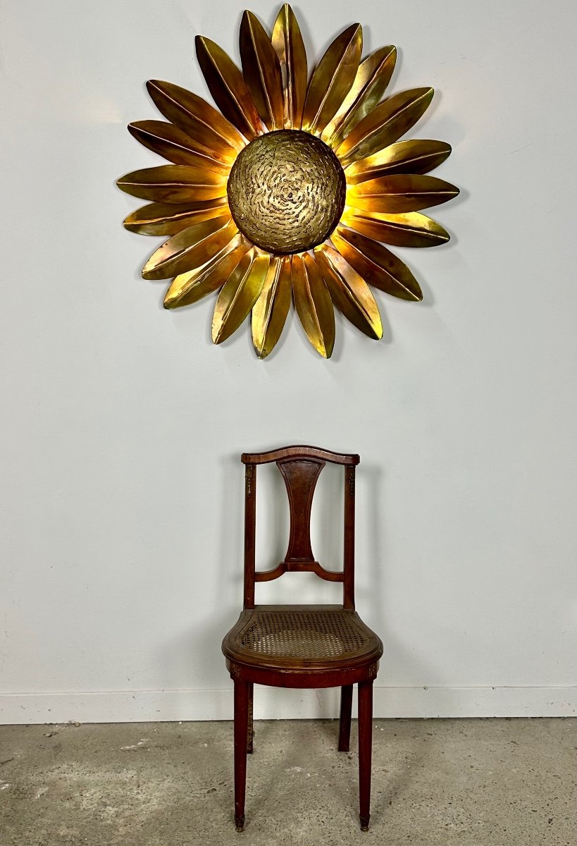 Vintage 70's Italian Sun Wall Lamp In Gilded Brass Diam 95 Cm-photo-3