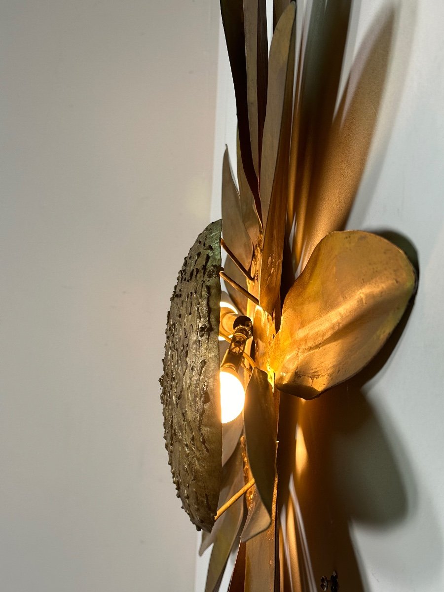 Vintage 70's Italian Sun Wall Lamp In Gilded Brass Diam 95 Cm-photo-4