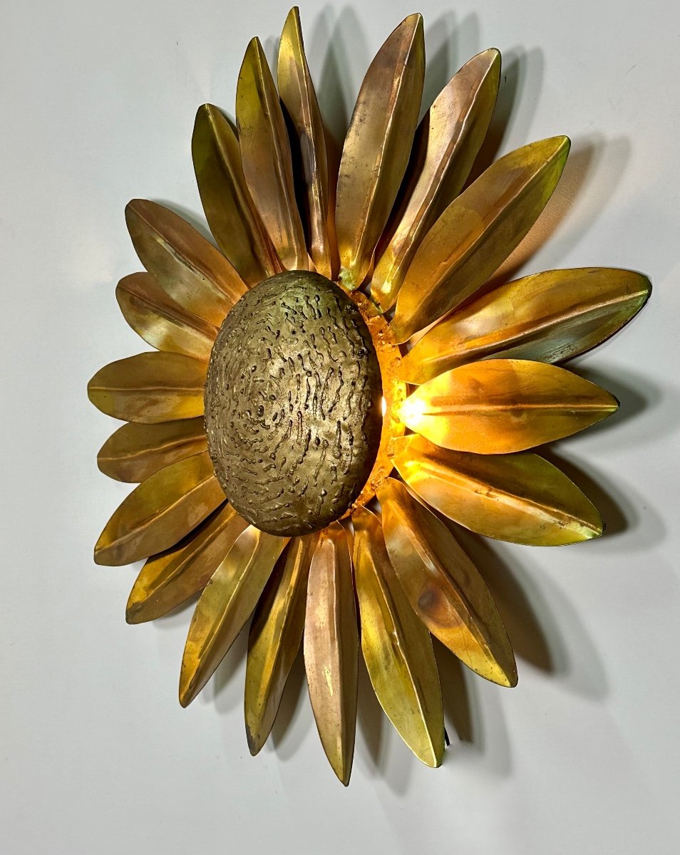 Vintage 70's Italian Sun Wall Lamp In Gilded Brass Diam 95 Cm-photo-4