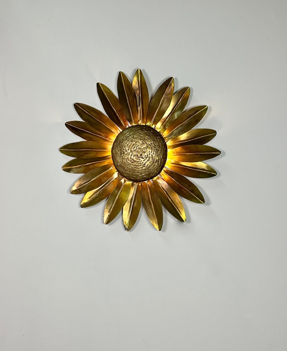 Vintage 70's Italian Sun Wall Lamp In Gilded Brass Diam 95 Cm-photo-5