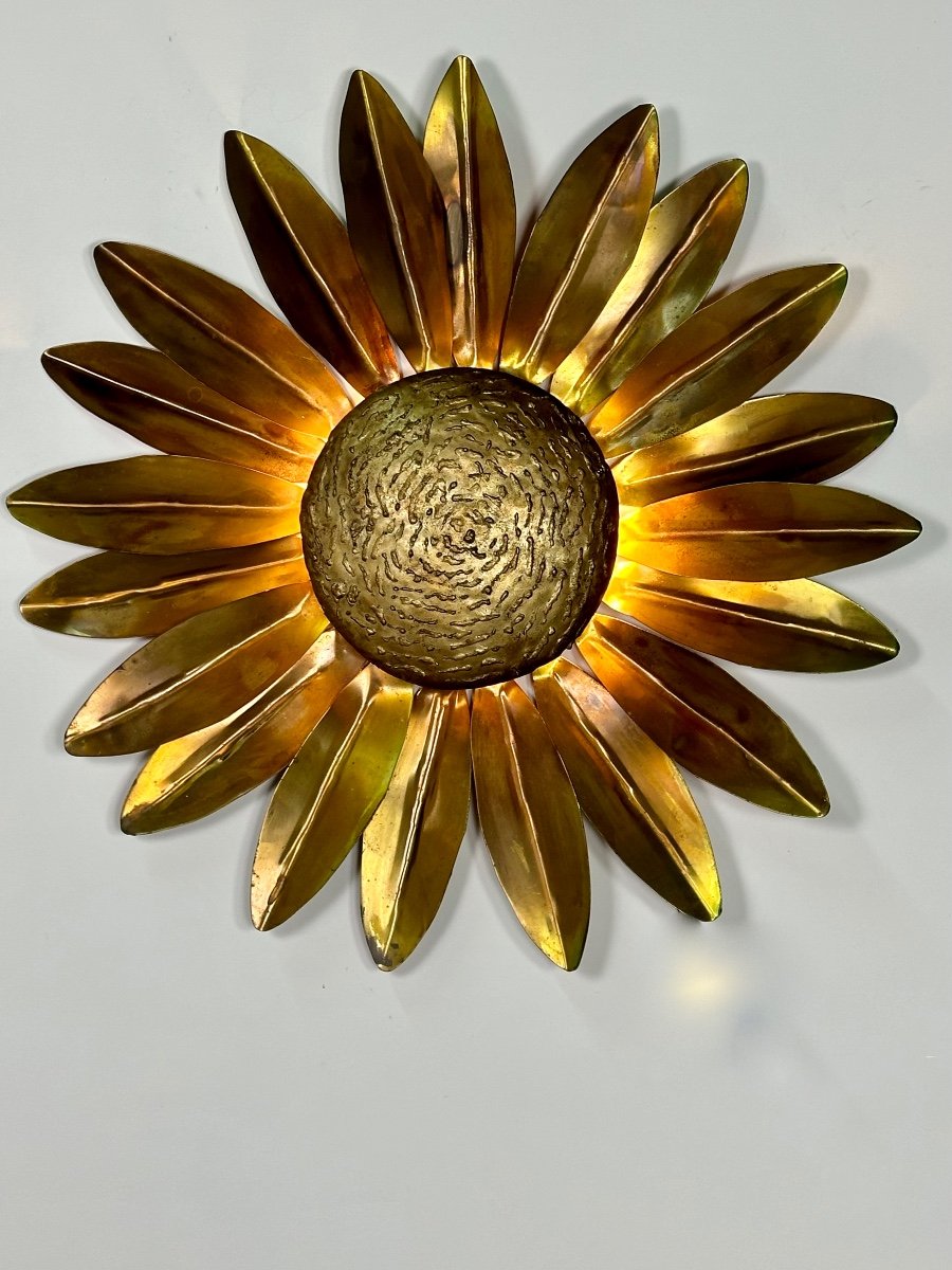 Vintage 70's Italian Sun Wall Lamp In Gilded Brass Diam 95 Cm