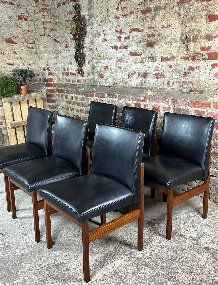 Scandinavian Teak And Black Leatherette Chairs (set Of 6) By Vanson 1970's-photo-1