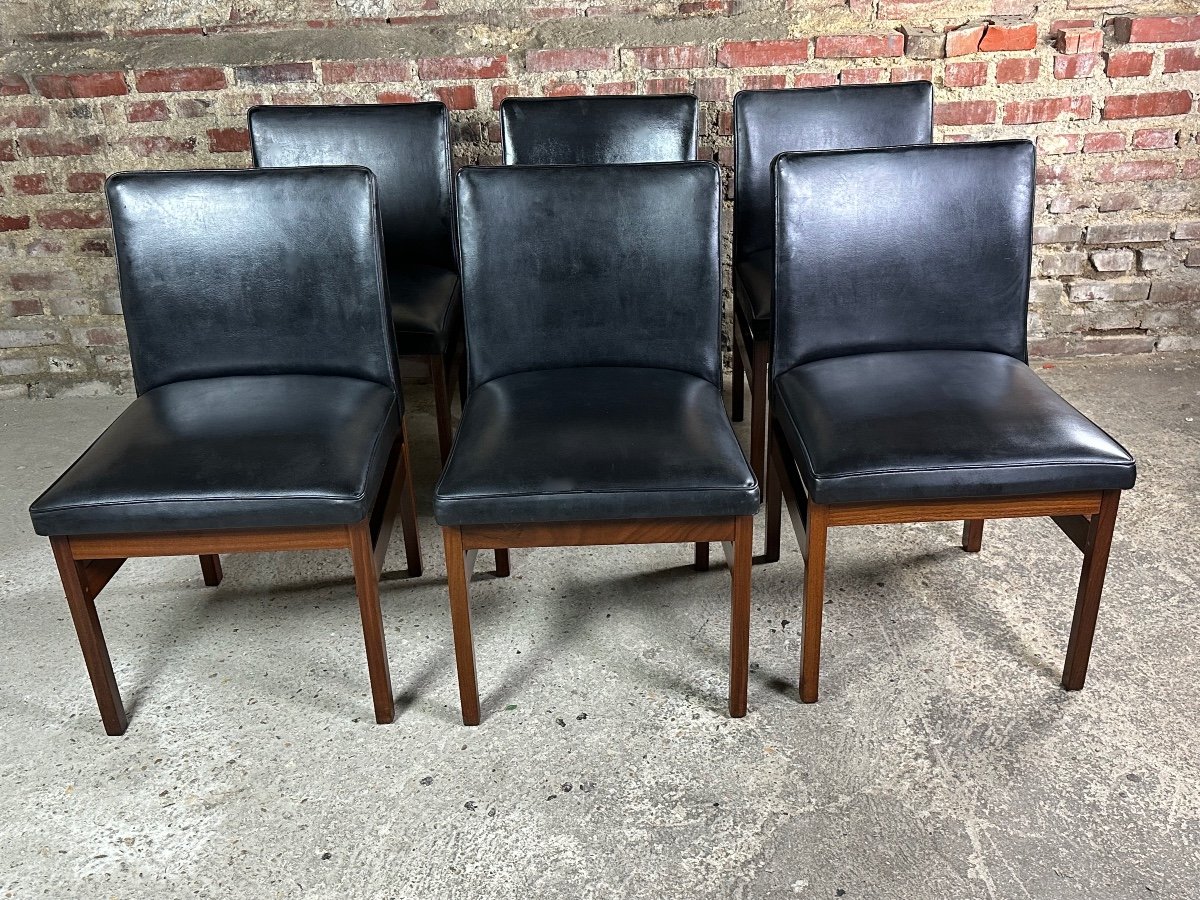 Scandinavian Teak And Black Leatherette Chairs (set Of 6) By Vanson 1970's