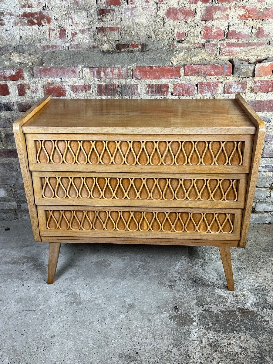 Commode En Chêne Et Rotin Vintage 1950