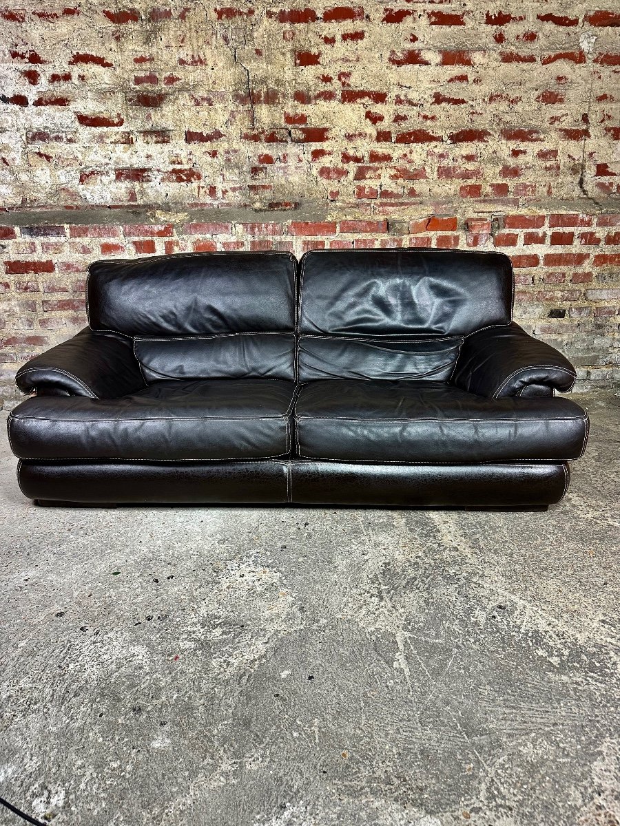 Roche Bobois 80's Chocolate Color 2 Seater Leather Sofa-photo-2