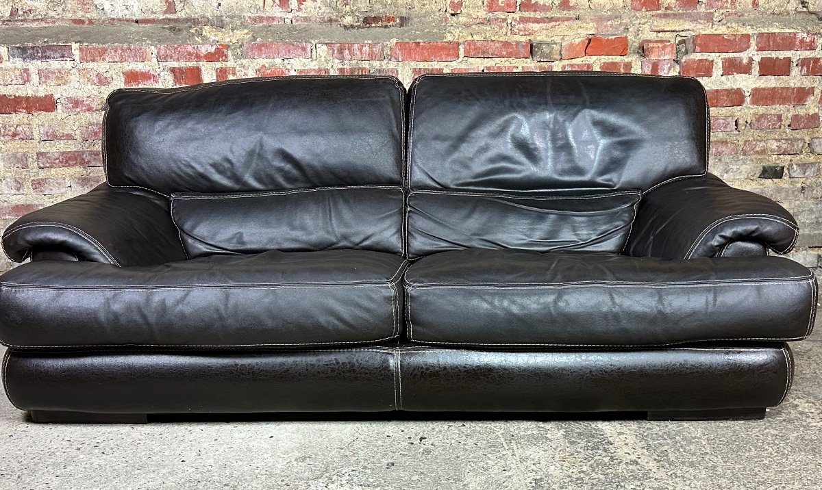 Roche Bobois 80's Chocolate Color 2 Seater Leather Sofa-photo-2