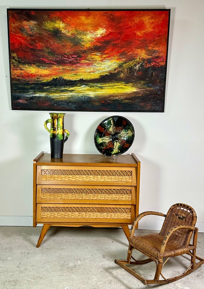 Vintage 60's Beech And Rattan Chest Of Drawers-photo-3