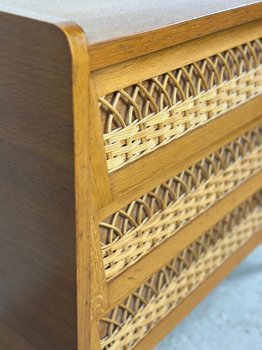 Vintage 60's Beech And Rattan Chest Of Drawers-photo-4