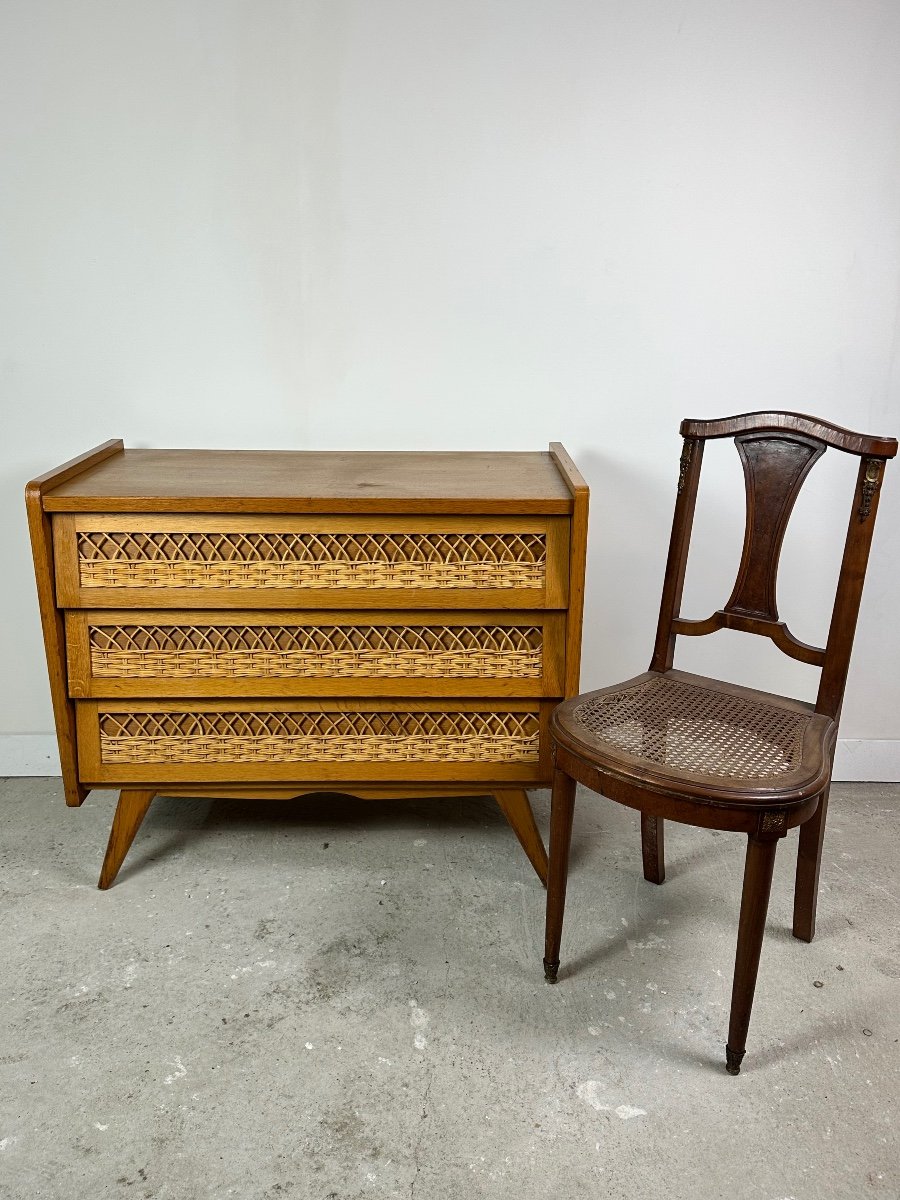 Vintage 60's Beech And Rattan Chest Of Drawers-photo-3