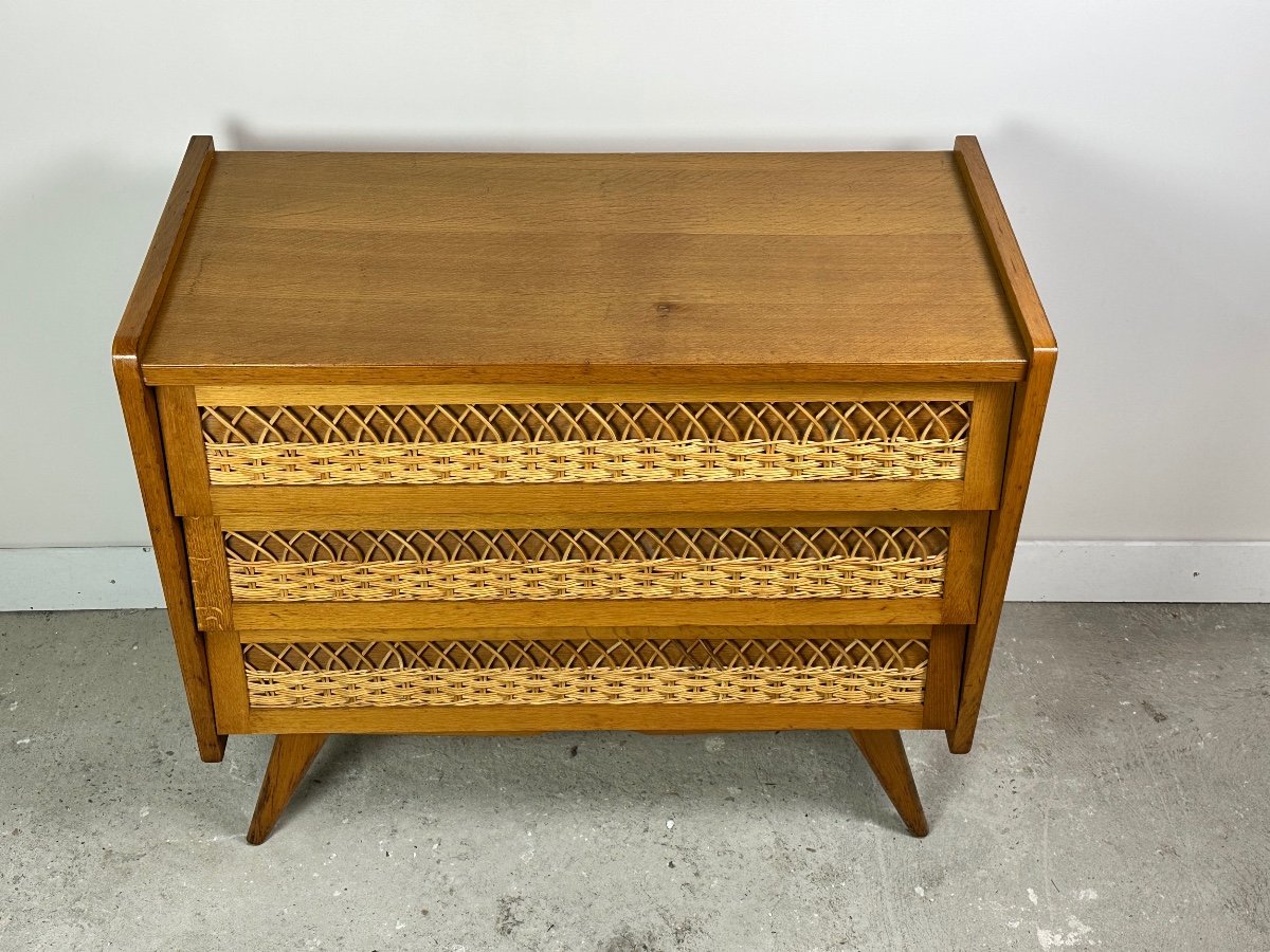 Vintage 60's Beech And Rattan Chest Of Drawers-photo-5