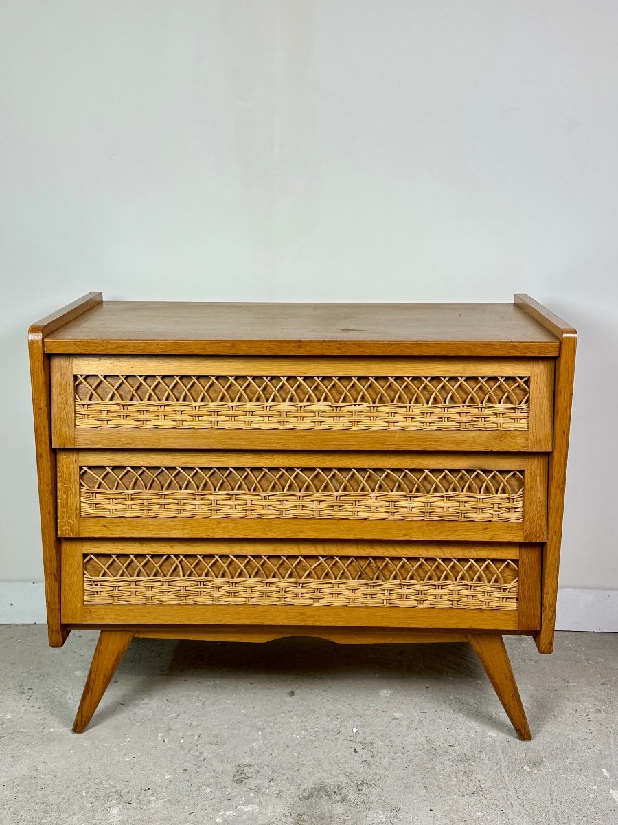 Vintage 60's Beech And Rattan Chest Of Drawers