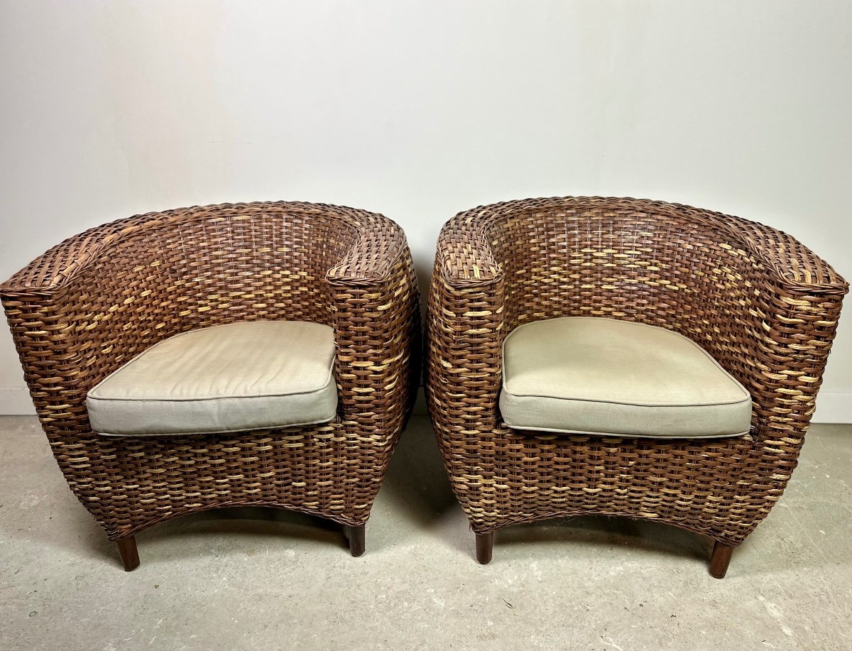 Armchairs (pair) In Woven Rattan From The 2000s-photo-3