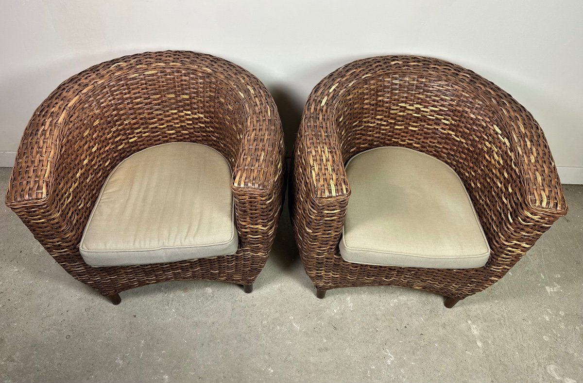 Armchairs (pair) In Woven Rattan From The 2000s-photo-4