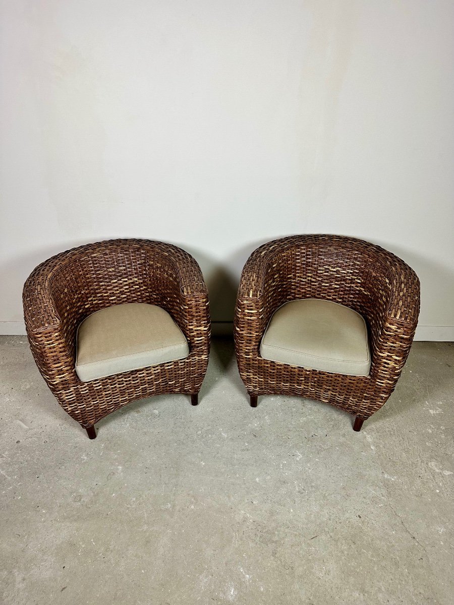 Armchairs (pair) In Woven Rattan From The 2000s-photo-6