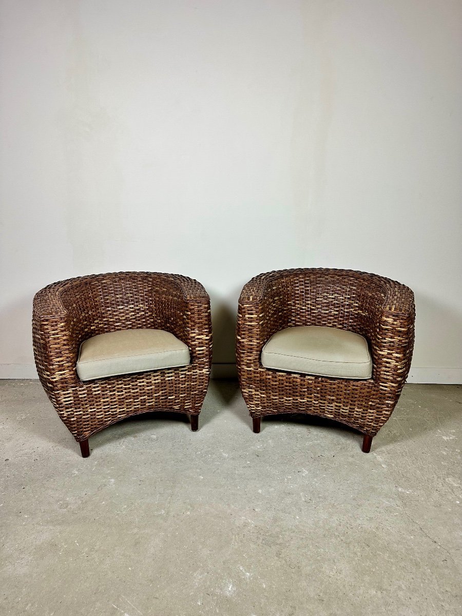 Armchairs (pair) In Woven Rattan From The 2000s-photo-8