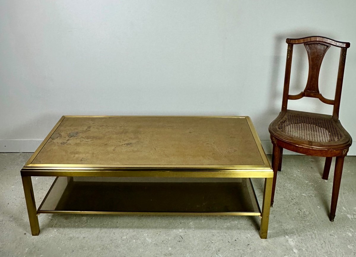 Vintage 70's Hollywood Regency Brass And Iridescent Glass Coffee Table-photo-4