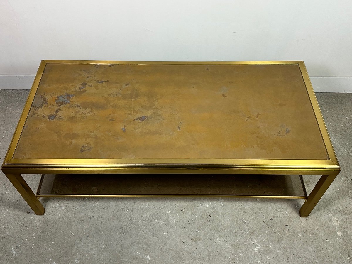 Vintage 70's Hollywood Regency Brass And Iridescent Glass Coffee Table-photo-6