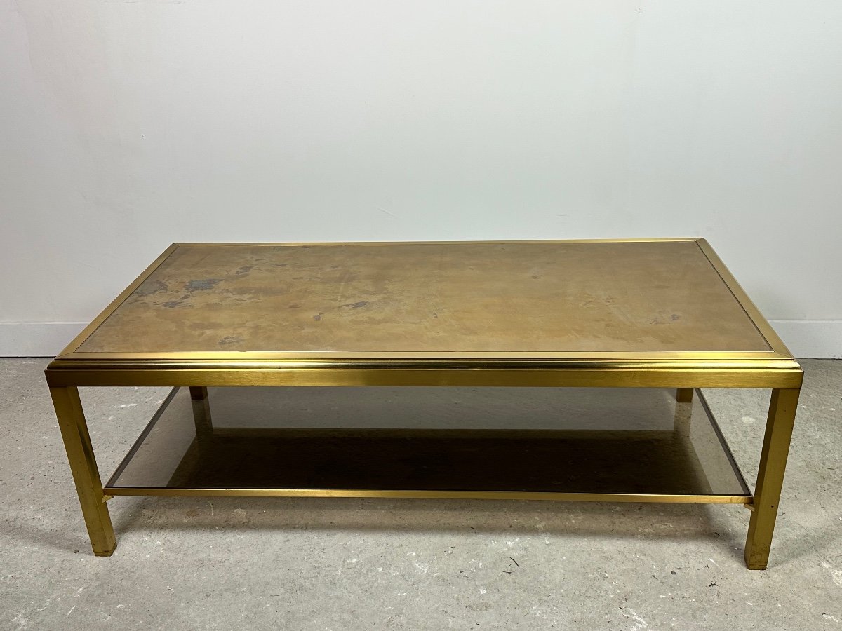 Vintage 70's Hollywood Regency Brass And Iridescent Glass Coffee Table