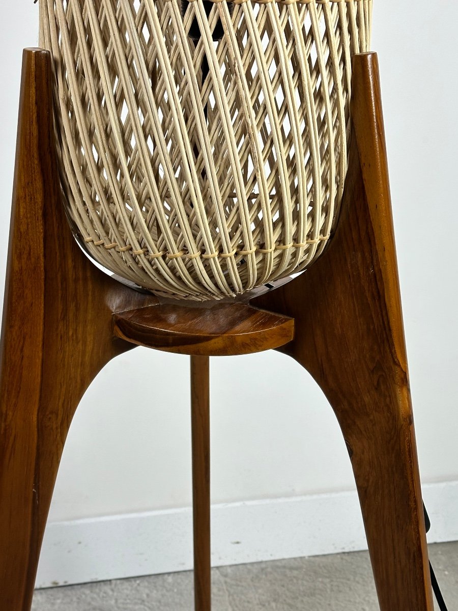 Scandinavian Teak And Rattan Floor Lamp-photo-2