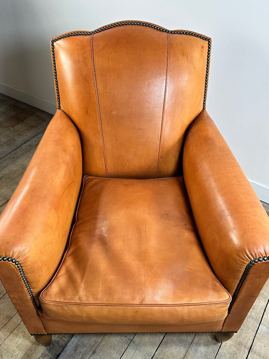 Fauteuil Club Cuir Coloris Cognac Vintage 1950-photo-8