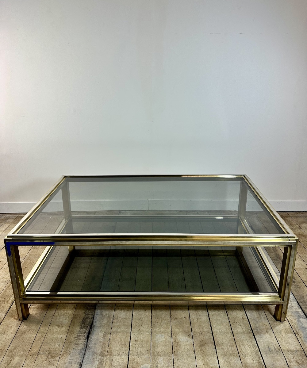 Vintage Coffee Table In Chrome Steel And Gold Brass 1970