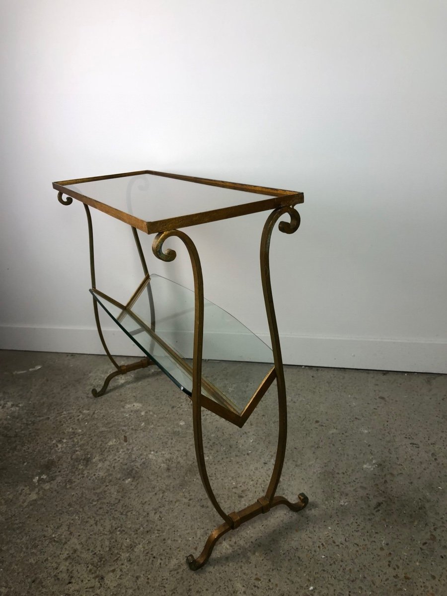 Magazine Rack / Golden Sofa End In Golden Wrought Iron And Glass Top 1950-photo-2