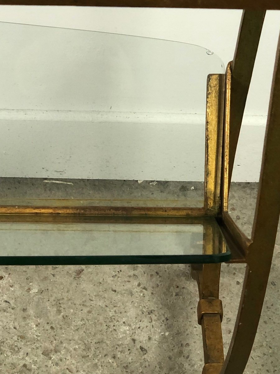 Magazine Rack / Golden Sofa End In Golden Wrought Iron And Glass Top 1950-photo-2