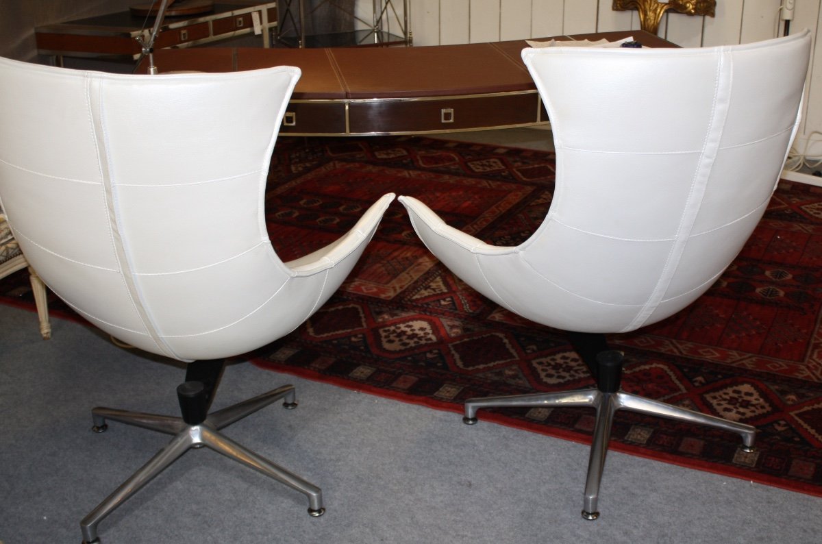 Shell Armchairs (the Pair) In Pearly White Leather Vintage 80's-photo-4