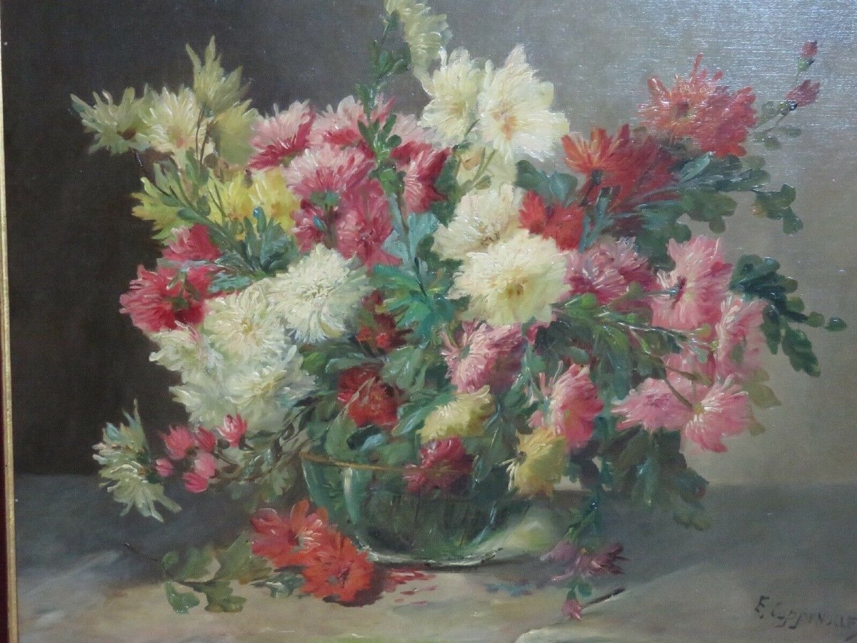 Painting / Oil On Canvas Re-entoilée Bouquet Of Dahlias Signed E. Van Coppenolle-photo-2