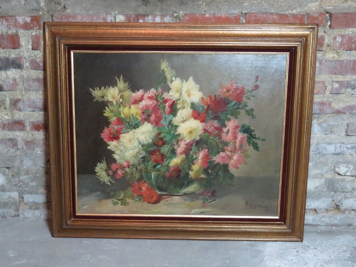 Painting / Oil On Canvas Re-entoilée Bouquet Of Dahlias Signed E. Van Coppenolle