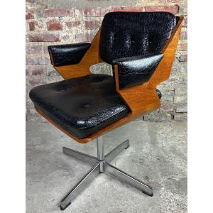 Vintage 1960 Martin Stoll Revolving Armchair In Wood And Imitation