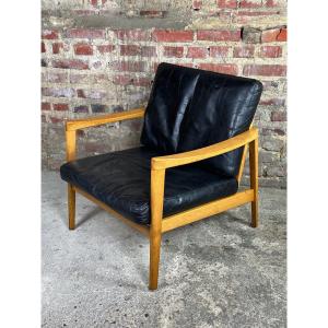 Fauteuil Scandinave Vintage 70,s En Teck Et Cuir Noir