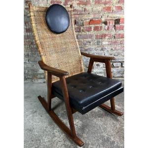 Rocking Chair P.j Muntendam En Teck Et Rotin Vintage 1950