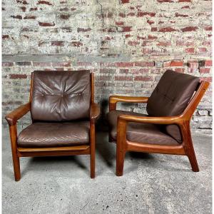 Scandinavian Armchairs (pair) By Georg Thams In Teak And Leather 1960's