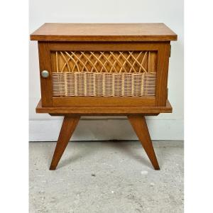 Vintage 60's Beech And Rattan Bedside Table