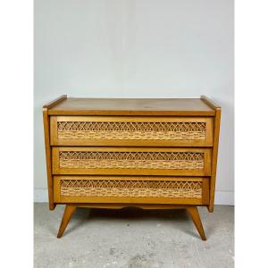 Vintage 60's Beech And Rattan Chest Of Drawers