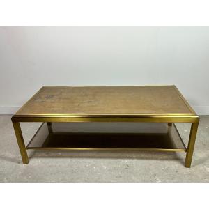 Table Basse Hollywood Regency En Laiton Et Verre Irisé Vintage 70's