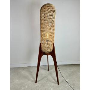 Scandinavian Teak And Rattan Floor Lamp