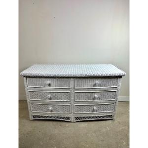 White Woven Rattan Curved Chest Of Drawers 1980's