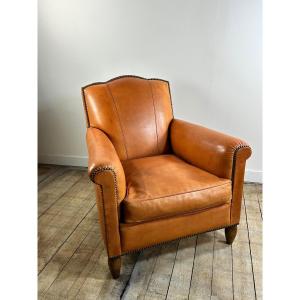 Fauteuil Club Cuir Coloris Cognac Vintage 1950