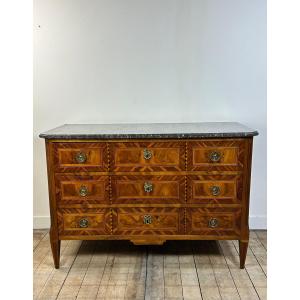 Louis XVI Style Chest Of Drawers In Marquetry With Marble Top, 19th Century