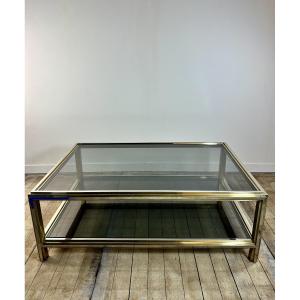 Vintage Coffee Table In Chrome Steel And Gold Brass 1970