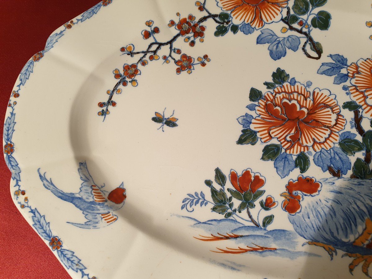 Gien Oval Dish Decor Of Rooster And Peonies Early 20th Century.-photo-4