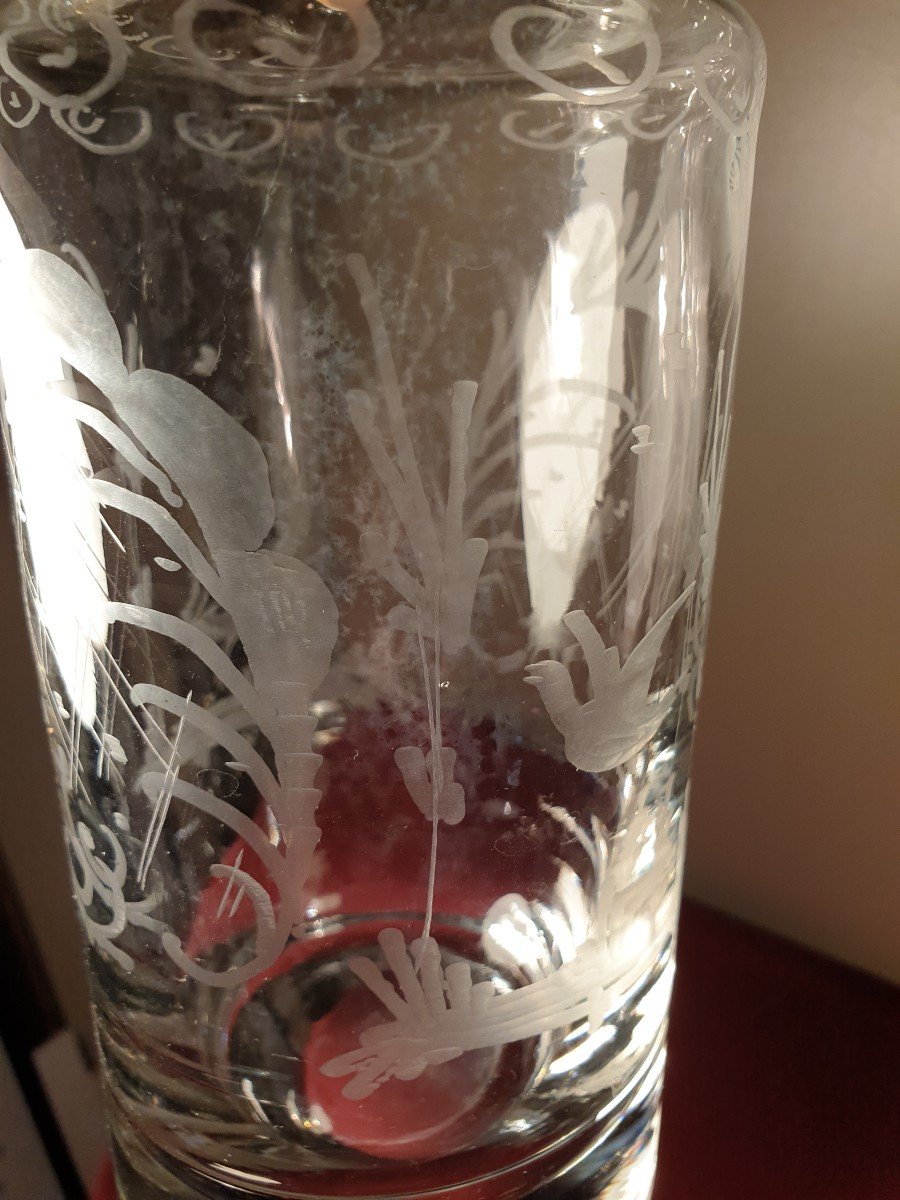 Round Bohemian Crystal Carafe In The Shape Of A Bottle. Deer And Bird-photo-6