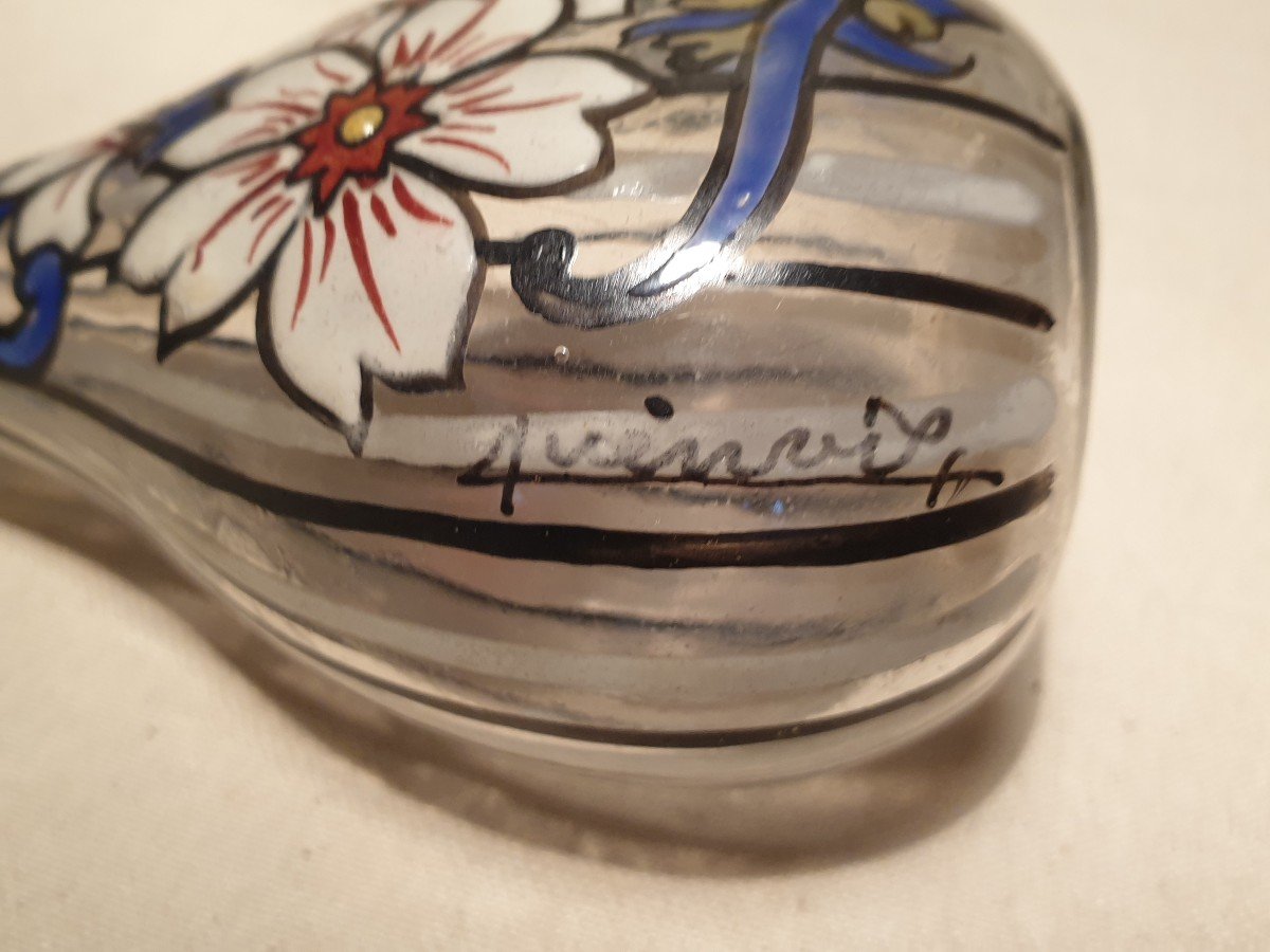 Soliflore Vase, Enamelled Perfume Bottle Signed Henri Quenvil-photo-4