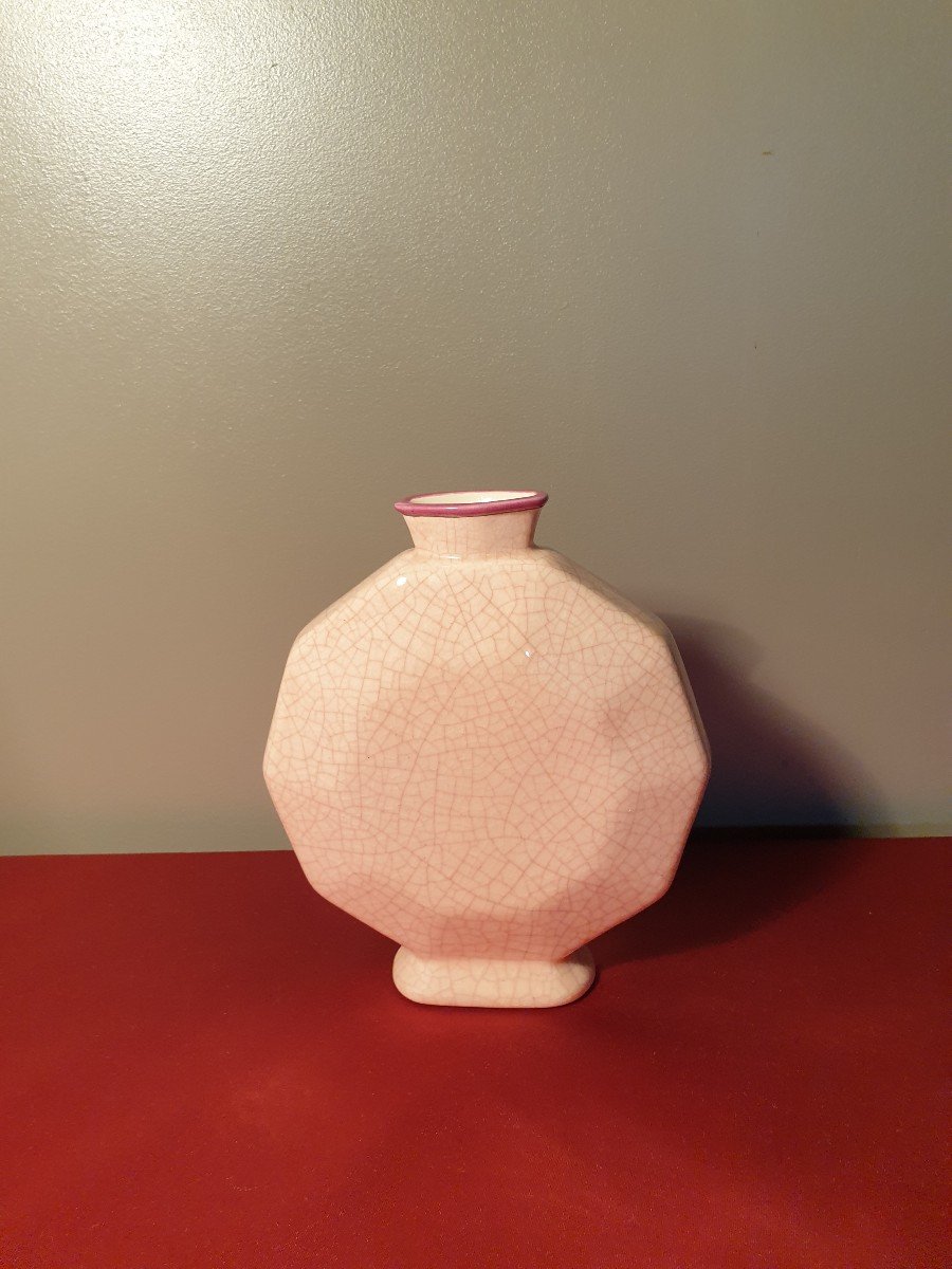 Longwy Pink Cracked Ceramic Vase With Art Deco Floral Decor-photo-2