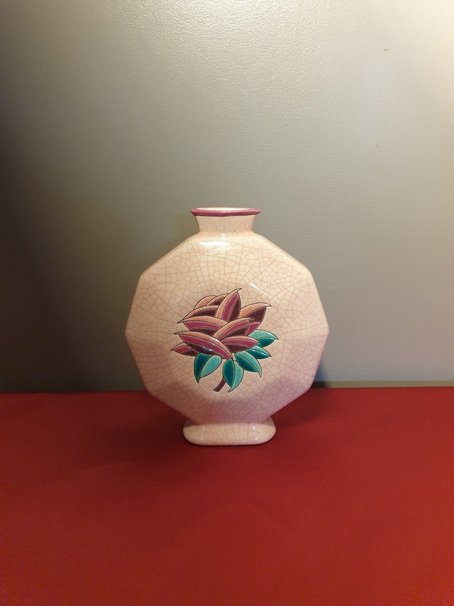 Longwy Pink Cracked Ceramic Vase With Art Deco Floral Decor-photo-1