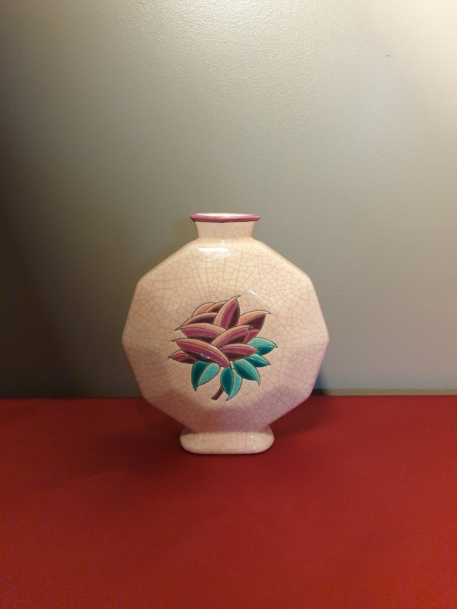 Longwy Pink Cracked Ceramic Vase With Art Deco Floral Decor-photo-2